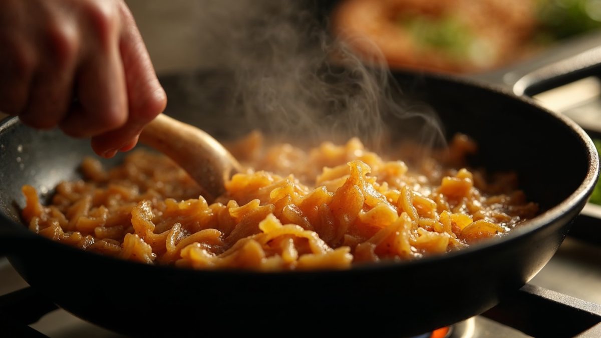 Oignons caramélisés dans une poêle