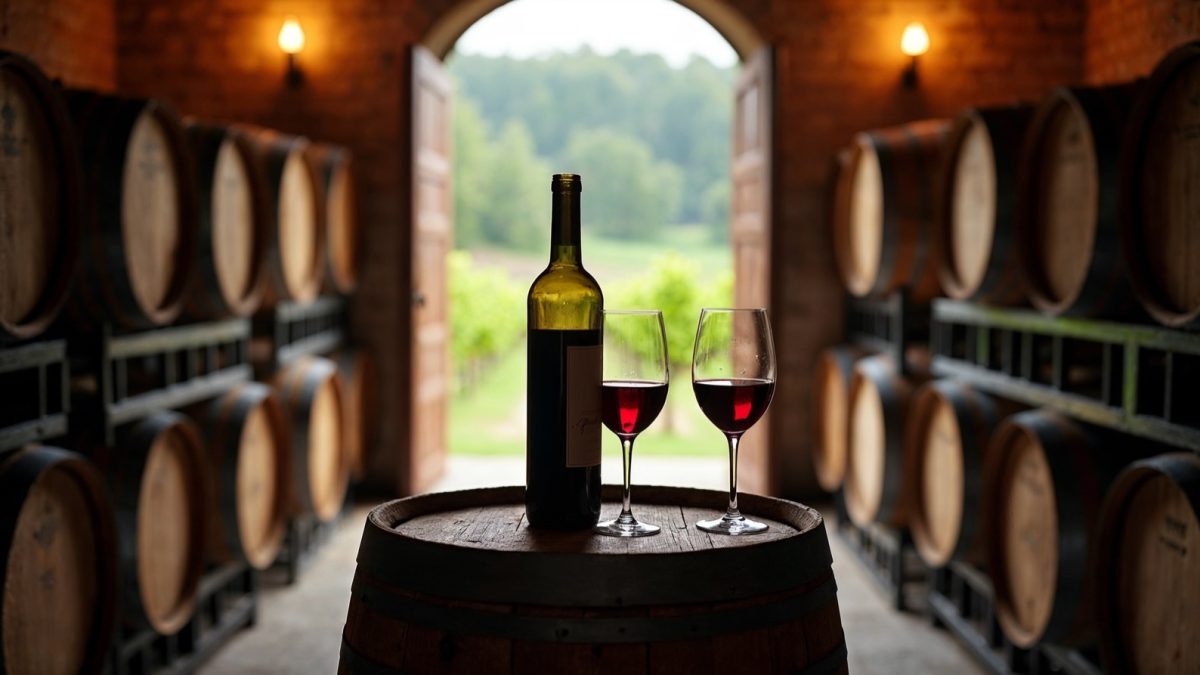Verre de vin rouge dans une cave de domaine