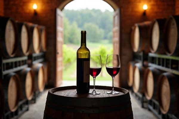 Verre de vin rouge dans une cave de domaine