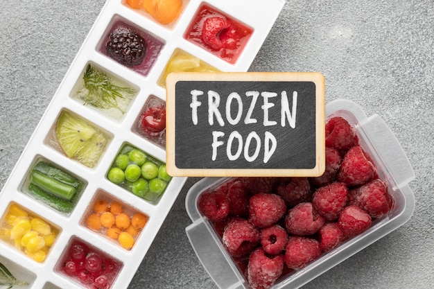 Assortiment d aliments congeles vus de dessus, legumes et portions dans des sachets